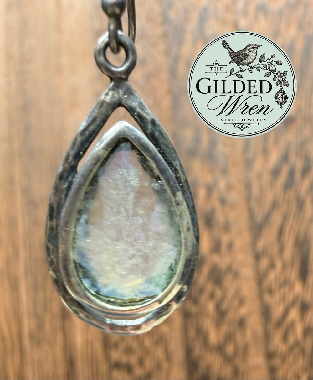 Sterling Silver Iridescent Glass Teardrop Dangle Earrings 2 Inch 5g